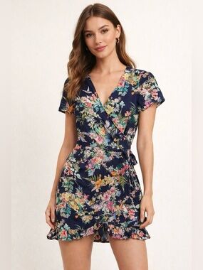Amour Vert Tropical Floral Parrot Printed Wrap Dress